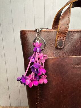 Flower Purse Charm Genuine Leather Bag Charm Dark Purple Purple Flowers Bouquet